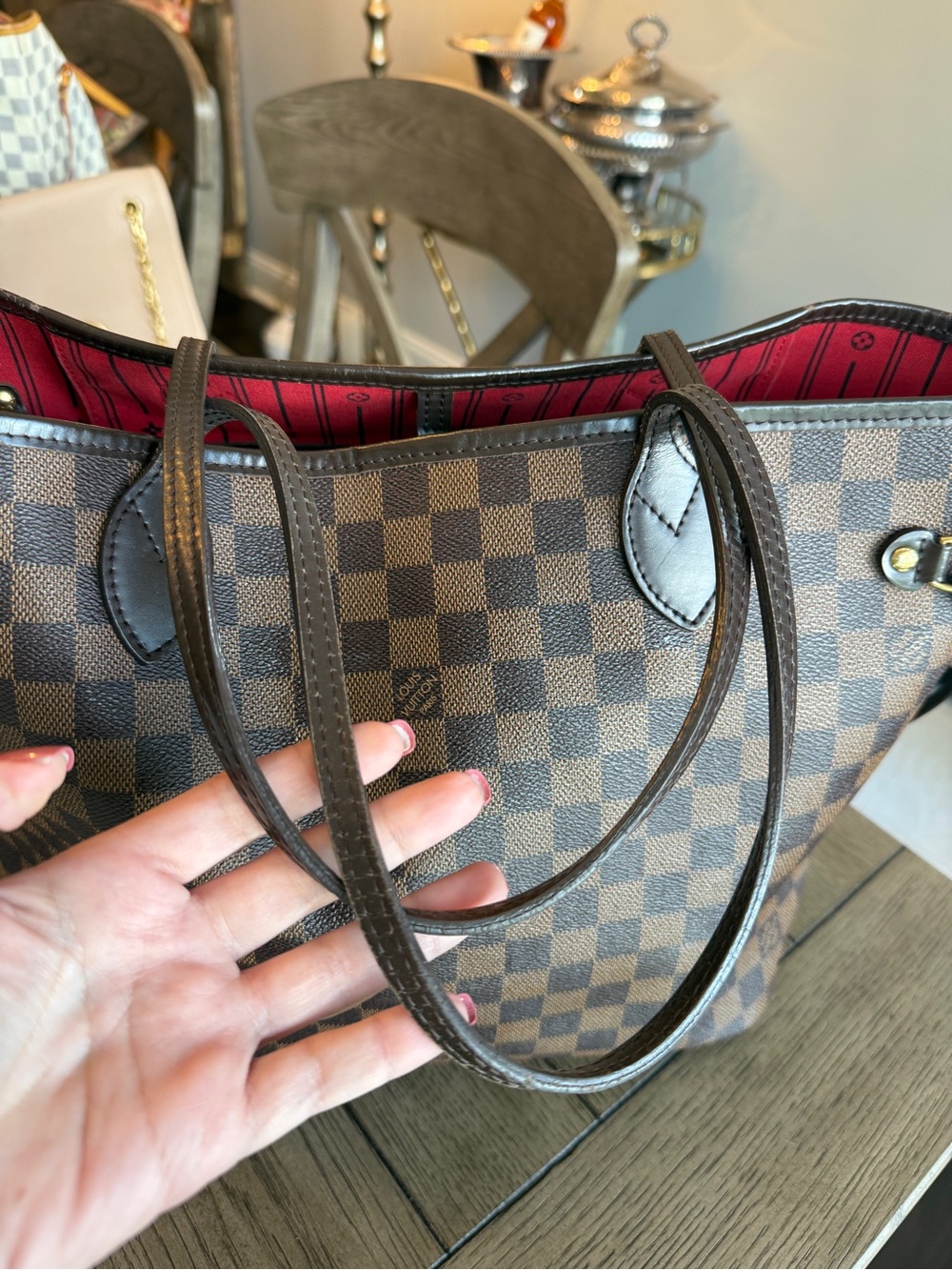 Louis Vuitton Damier Ebene Brown Check Tote Bag with Red Interior - Picture 2 of 14